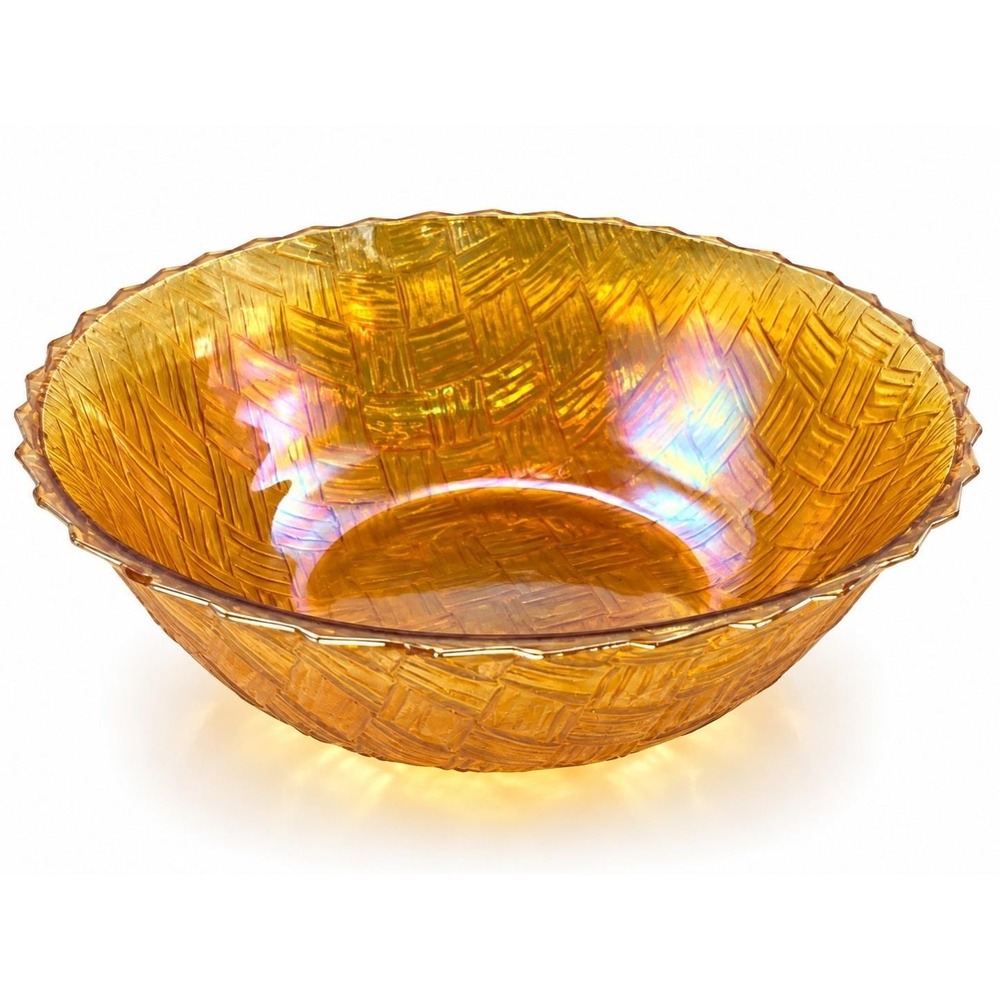 Vintage Indiana Glass Weavetex Marigold Carnival Glass 9" Basketweave Bowl 1970